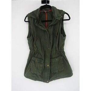 Market & Spruce Utility Vest Womens Large Olive Green Hooded Cargo Military Snap